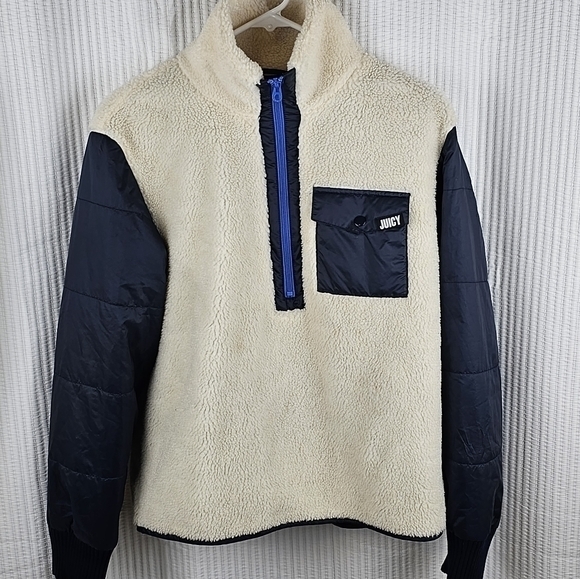 Juicy Couture sherpa and nylon mixed pull over Small Beige Blue Quilted Sleeves - Picture 3 of 9
